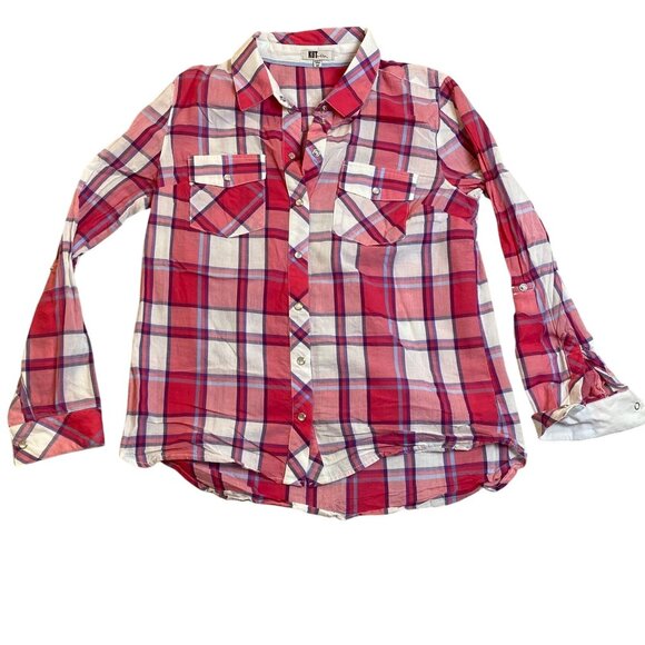 Kut From The Kloth Womans Shirt Size MP Red & White Plaid Button-Up Long-Sleeve - Picture 1 of 6